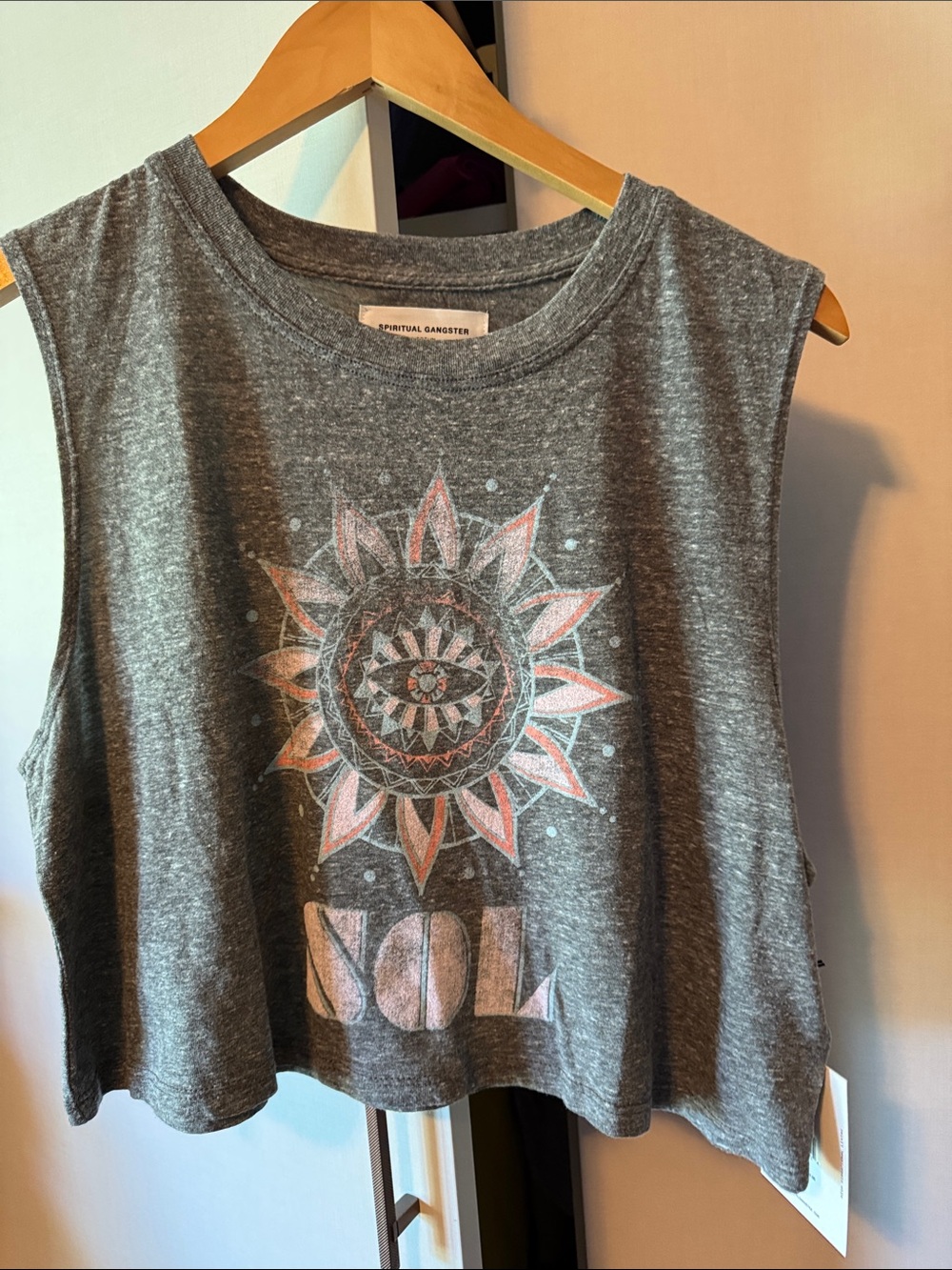 Spiritual Gangster Gray Cropped Tank with Pink Sun Graphic